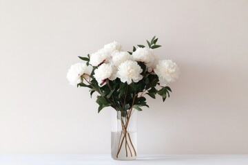 Fototapeta premium Bouquet of white peonies in a glass vase on a white table