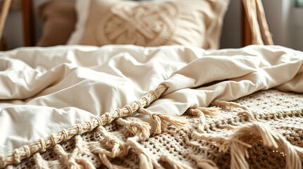 Cozy Beige Bedding and Knitted Throw: Bohemian Bedroom Decor
