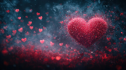 sparkling red heart surrounded by smaller hearts creates romantic atmosphere, perfect for Valentine Day celebrations. This enchanting image evokes love and joy