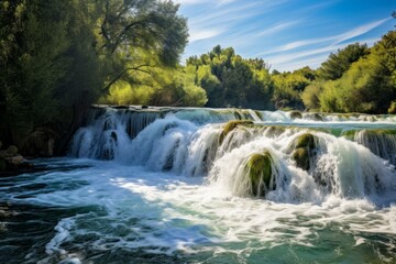 Obraz premium Beautiful waterfall cascading over mossy rocks in a lush green forest, creating a stunning natural landscape