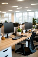 Modern office workspace featuring ergonomic chair and computer setup