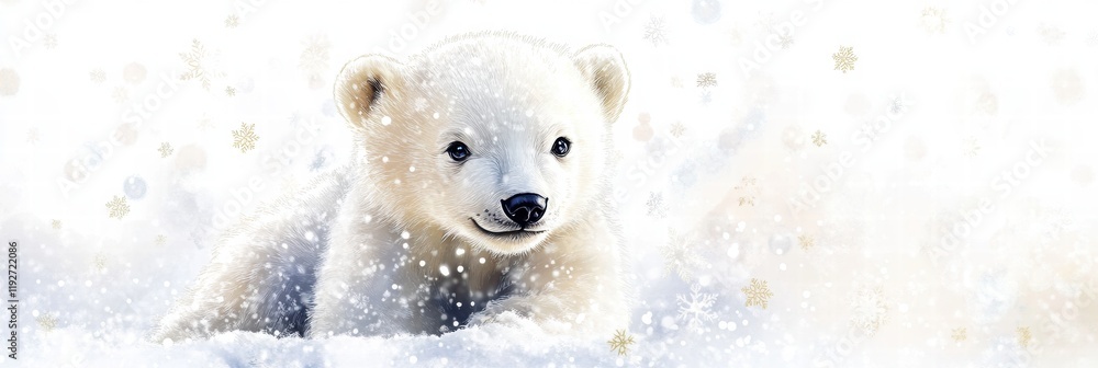 Poster winter scene featuring a cute polar bear cub playing in the snow with falling snowflakes in a serene