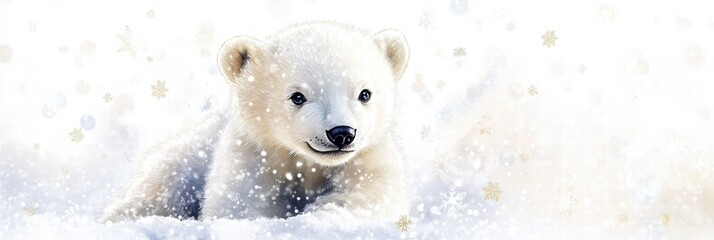 Winter scene featuring a cute polar bear cub playing in the snow with falling snowflakes in a serene landscape. Generative AI