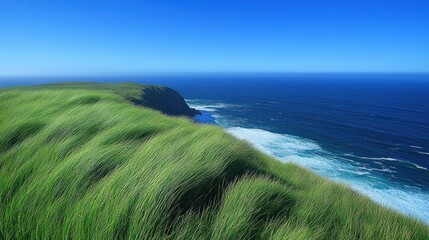 Coastal grass blowing in the wind, overlooking ocean.