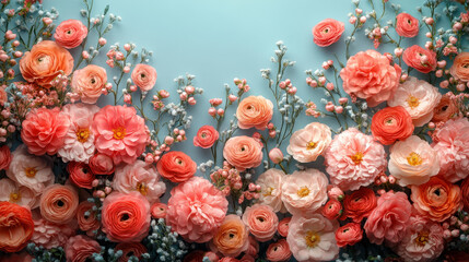 vibrant bouquet of pink and coral flowers arranged beautifully against soft blue background, creating cheerful and romantic atmosphere perfect for celebrations