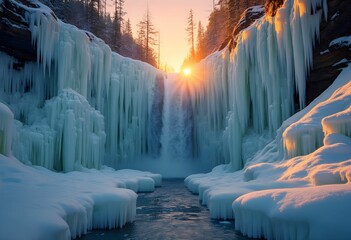 Warm Sunrise Light on Frozen Waterfall and Icicles