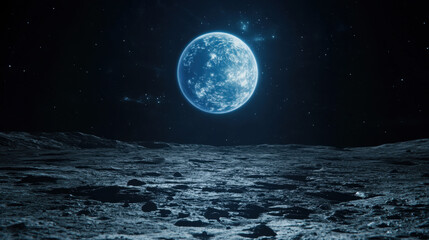 stunning view of Earth from surface of moon, showcasing bright blue planet against starry sky. lunar landscape is rocky and desolate, evoking sense of wonder