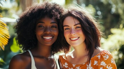 A black woman and a white European woman stand shoulder to shoulder in a city park. Smile confidently for the camera  It conveys the power of happiness and a feeling of unity.