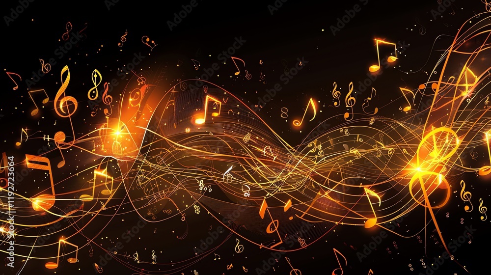 Poster a background image of glowing musical notes and lines of light.