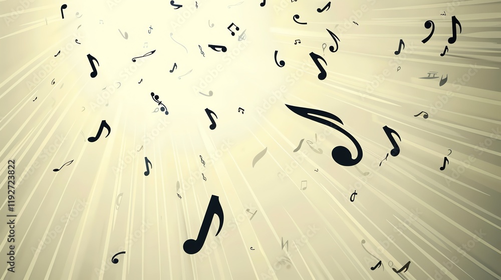 Poster musical notes floating in front of a white light source on a black background.