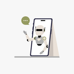 Chatbot emerging from smartphone screen in flat vector illustration symbolizing virtual assistant, AI conversation, and online communication, isolated on white background.
