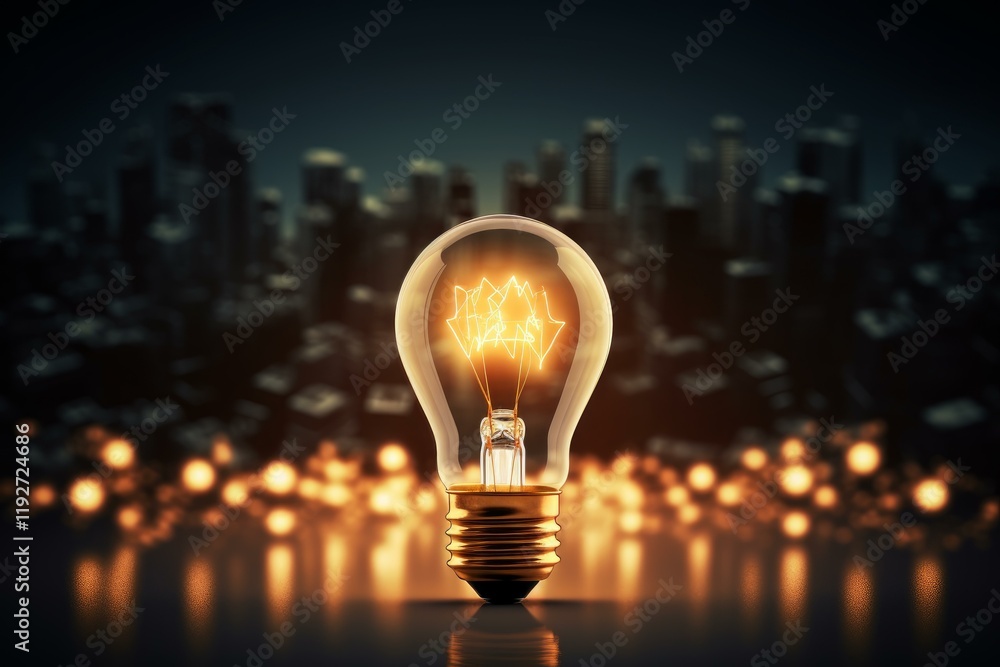 Poster lit light bulb illuminating cityscape bokeh background representing new ideas, innovation, and creat