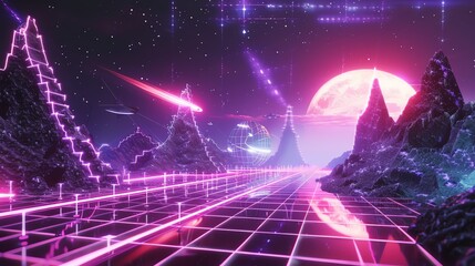Fototapeta premium A digital illustration of a retrofuturistic landscape with mountains and a glowing pink sun.