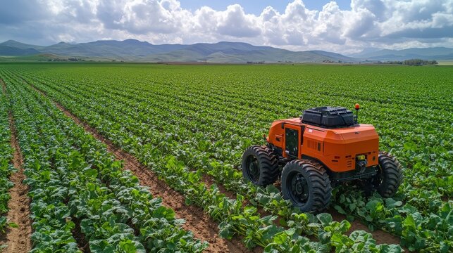 Fototapeta Autonomous Agricultural Vehicle Working in a Lush Green Field with Rows of Vegetables Under a Bright Blue Sky and Majestic Mountains in the Background