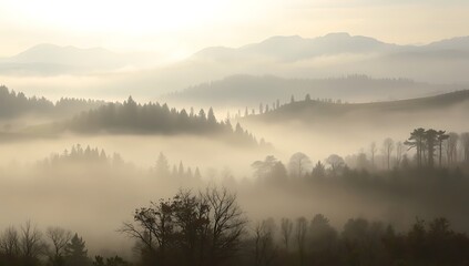 Fototapeta premium Misty mountain landscape at dawn.