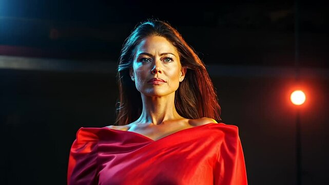 A confident woman in a red dress stands dramatically lit, symbolizing empowerment and sophistication