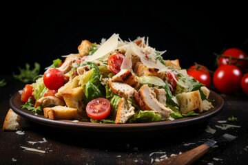 Fresh and delicious caesar salad with grilled chicken, croutons, cherry tomatoes, parmesan cheese, and romaine lettuce
