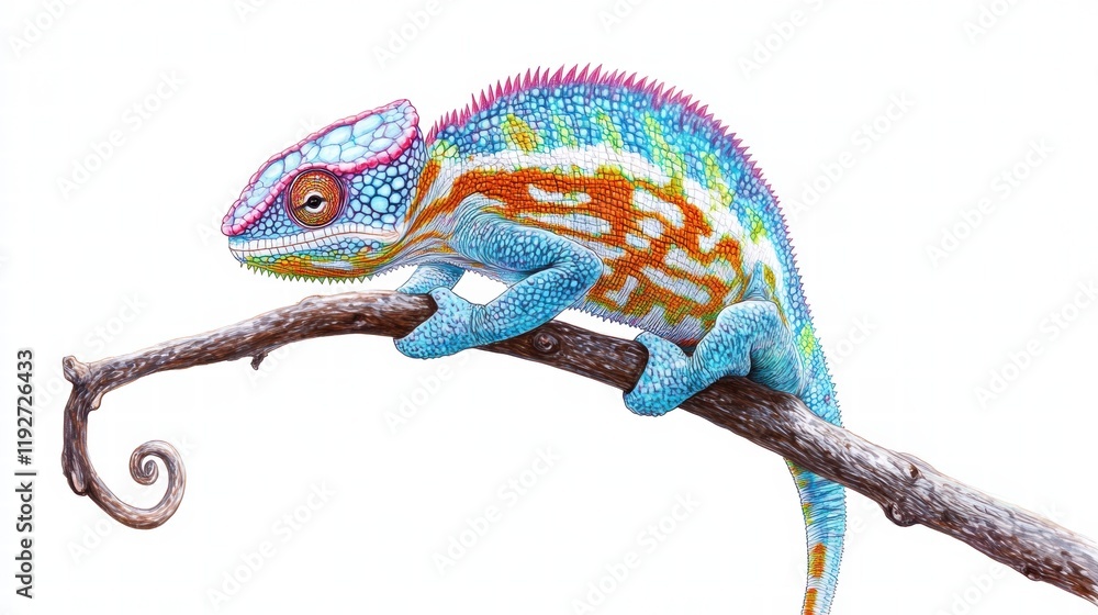 Aufkleber Colorful chameleon resting on a branch in a vibrant display of patterns and hues during daylight. Generative AI