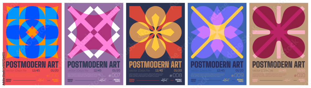 Fototapete postmodern art colorful trendy poster, abstract geometric composition graphic in y2k aesthetics, vec
