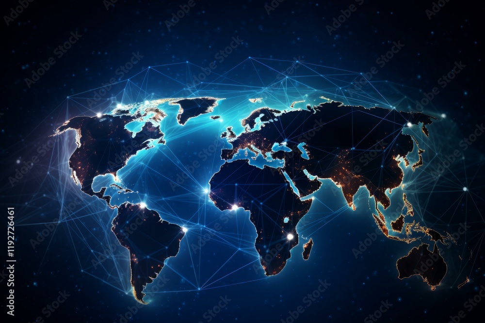 Poster global network connecting cities around the world, creating a futuristic digital communication syste