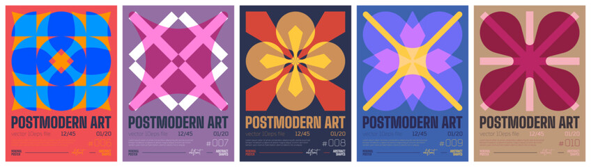 Postmodern art colorful trendy poster, abstract geometric composition graphic in Y2K aesthetics, vector simple shapes acid print artwork modernism and minimalistic brutal style A4 format set 2 © max_776