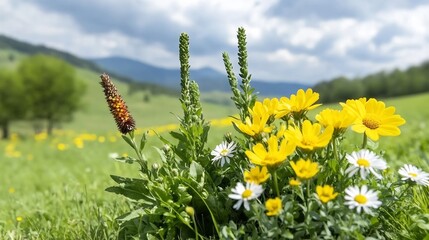Vibrant wildflowers bloom brightly under soft sunlight mountain backdrop. AI Generated