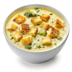A bowl of creamy broccoli cheddar soup with croutons, isolated white background, contemporary art style