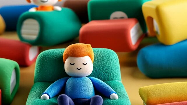 Colorful plush toys lounging on vibrant cushions evoke relaxation and childlike wonder, ideal for playful decor themes