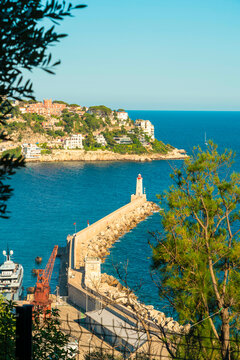Lighthouse at the end of a pier with the Mediterranean Sea and coastal town of Nice in the background, framed by green tree foliage, Nice, France