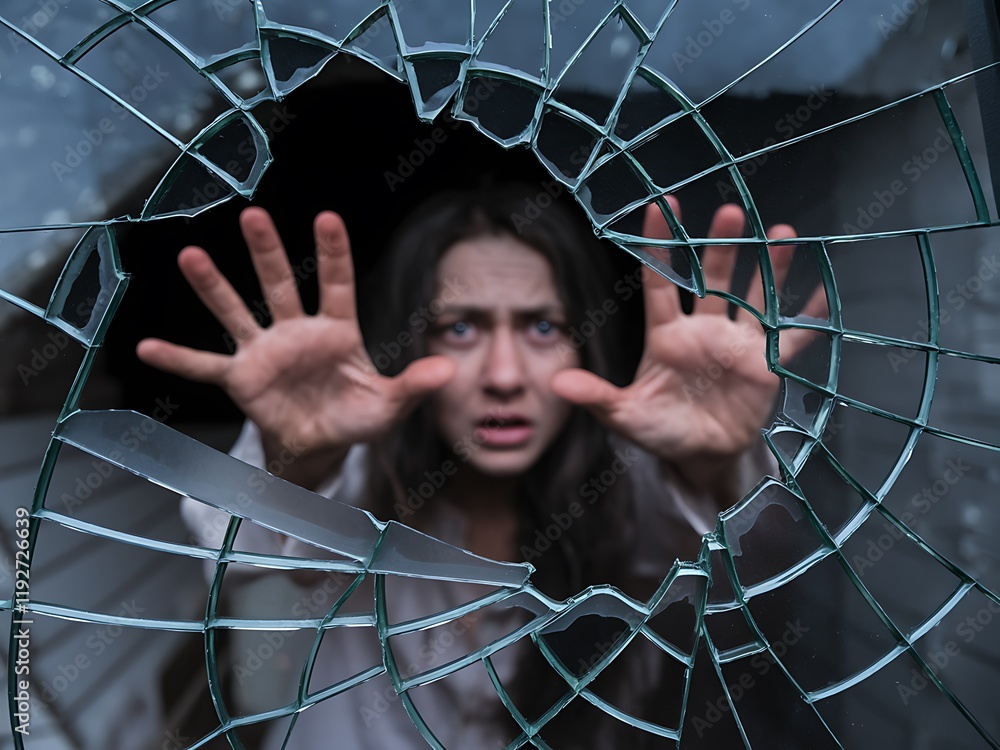 Poster emotive image of a face seen through shattered glass, with outstretched hands and upward-facing palm