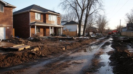 Fototapeta premium REACT Month Residential street after flood with debris and muddy roads