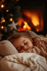World Sleep Day Young caucasian child sleeping peacefully by a cozy fireplace during winter