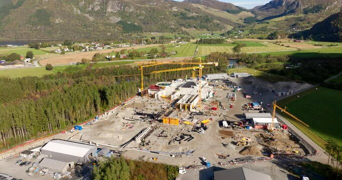 Salmon hatchery, Work in progress for farm construction at Aardal, Stavanger, Norway. Aerial drone view