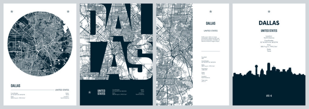 Set of travel posters with Dallas, detailed urban street plan city map, Silhouette city skyline, vector artwork