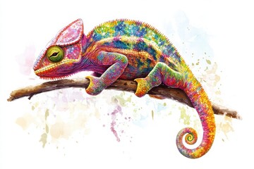 Naklejka premium Colorful chameleon perched on a branch surrounded by abstract watercolor splashes. Generative AI