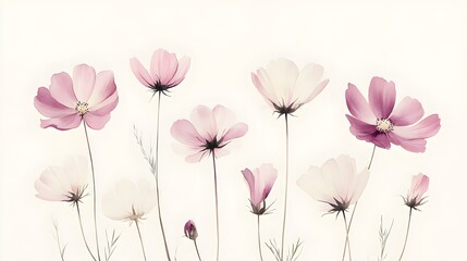 A refined watercolor artwork showcasing minimalist cosmos flowers in soft hues of pink and white, gracefully placed on a light cream background, perfect for a calming and sophisticated aesthetic 