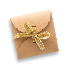 Elegant brown paper gift box with gold ribbon tied in a bow.