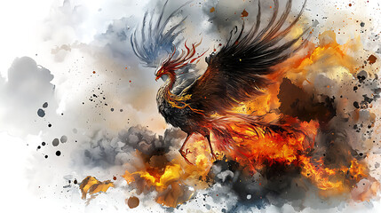 Obraz premium A fiery bird with red and black feathers flies through a stormy sky. generated using AI