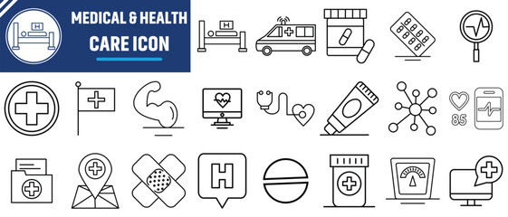 Healthcare and medical line icons set vector illustration. Hospital and medical health care icons set isolated on white background.