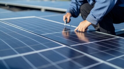 A focused shot of a quality control inspector examining solar panels on a rooftop installation, Solar energy inspection scene, Quality assurance style