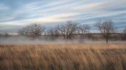 Fototapeta premium Captivating Scene of Vapor Trails and Motion Blur at Sunset with Vibrant Skies and Soft Mist Over Golden Grassland in a Serene Landscape