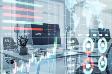 Financial graphs overlaying modern office desks with computers and global map background.