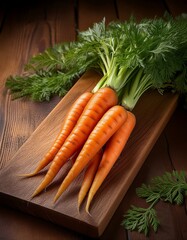 Many fresh orange carrots on wooden cutting board on table. Generated image