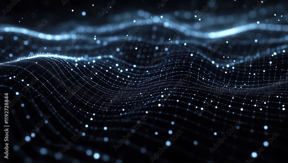 Poster 3d grid lines on a black background with a white glow, curved waves of light and space around