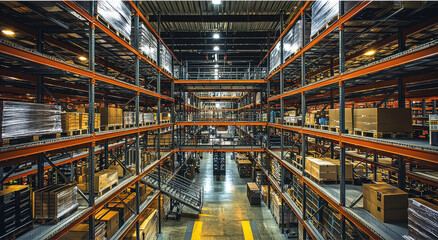 Obraz premium Large industrial warehouse with multi-level shelving
