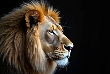 Naklejka premium An intense close-up of a male lion's profile against a black backdrop.
