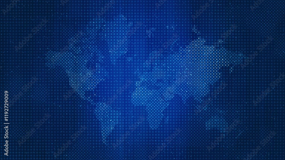 Poster loopable digital world map with glowing blue dots and halftone grid in a futuristic motion design