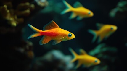 Fototapeta premium Vibrant orange fish school swimming in dark blue aquarium water near coral.