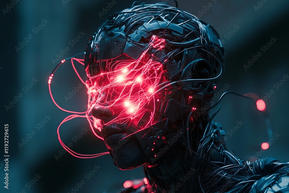 Poster futuristic robotic figure with glowing red circuitry in a dark urban setting during dusk. generative
