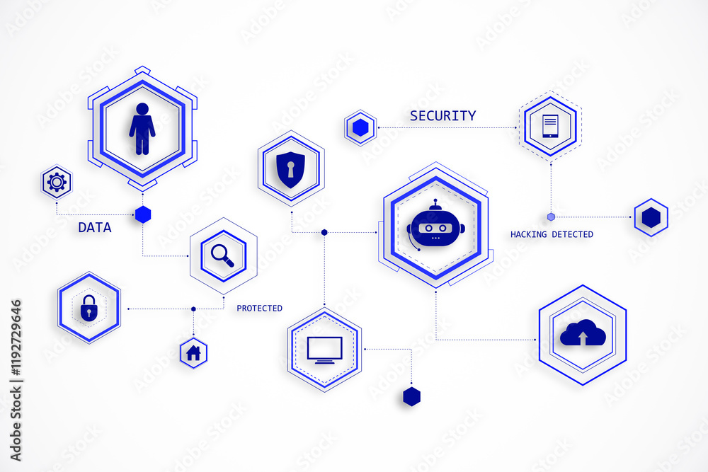 Aufkleber Abstract data security concept with hexagonal icons on a white background. 3D Rendering